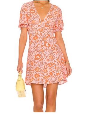 MINKPINK Coral Pink Floral V-Neck Mini Dress